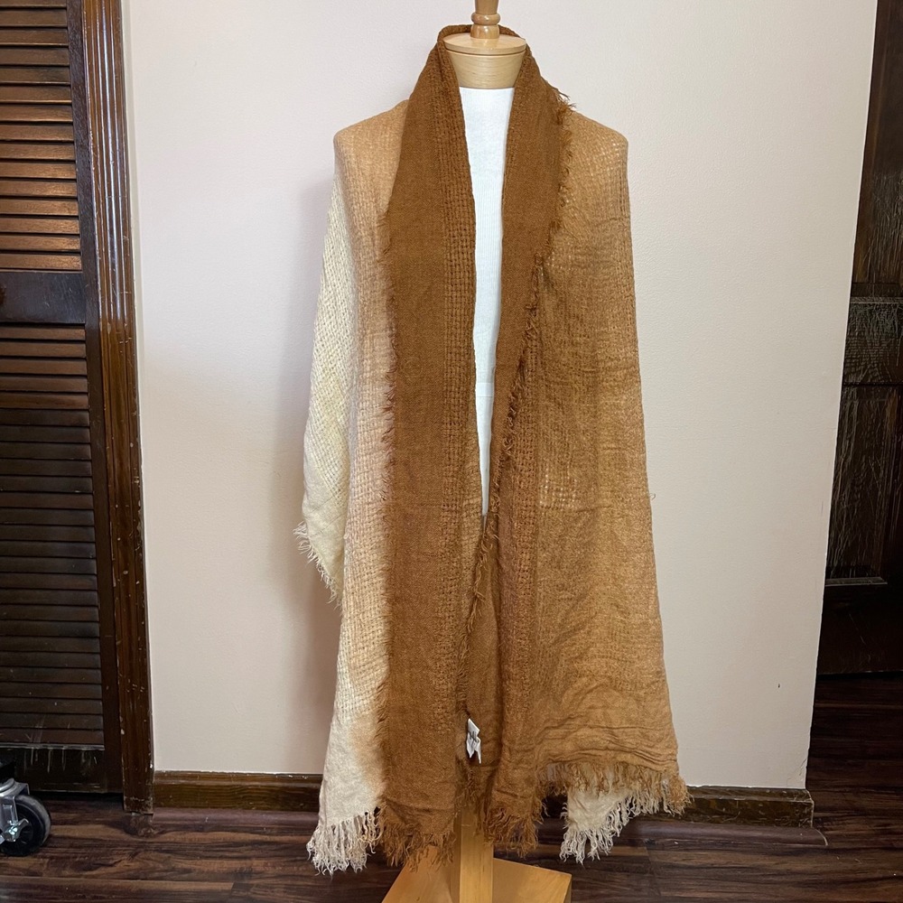 Pins and Needles Ombre Waffle Knit Wrap Scarf Rust Brown Cream Eyelash Fringe